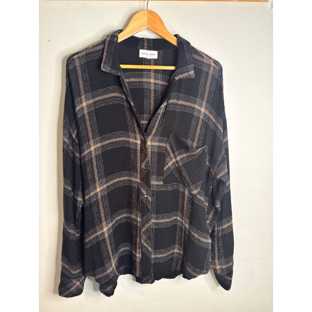 Bella Dahl Plaid Button Down Shirt Black Oversized Womens Medium